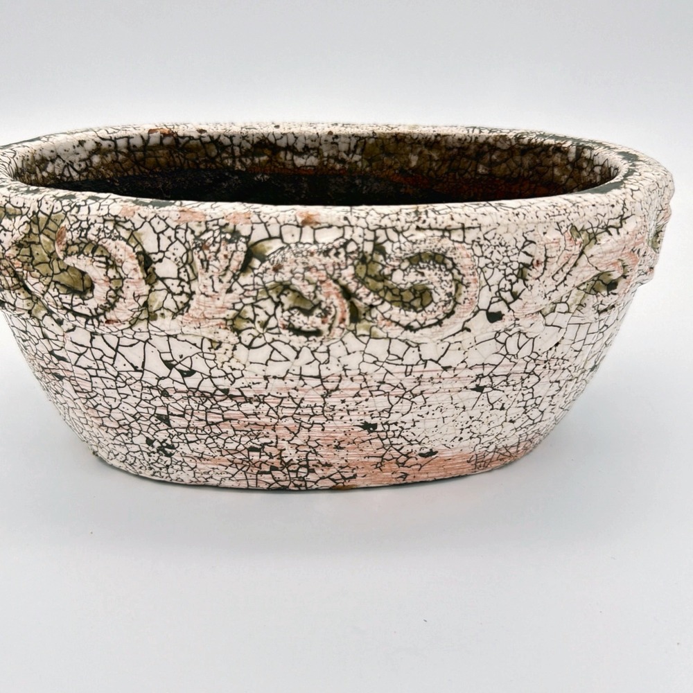 Flower Pot Ceramic Planter Pot Relief Floral Motif Crackle Glaze Green Punk Tan